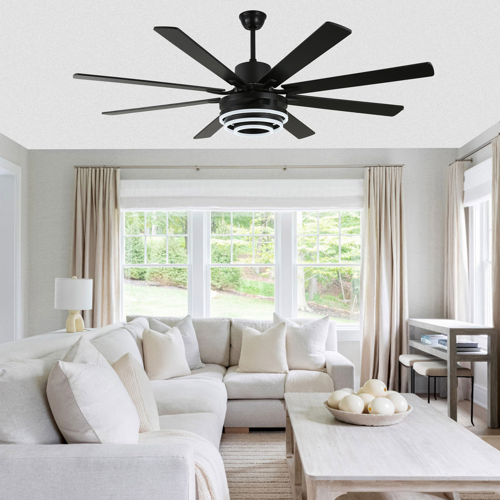 72 Inch Black/Gold/Chrome 8-Blade Modern Extra Large Ceiling Fan with LED Light and Remote, 6 Speeds DC Motor Reversible Ceiling Fan DIY Shade