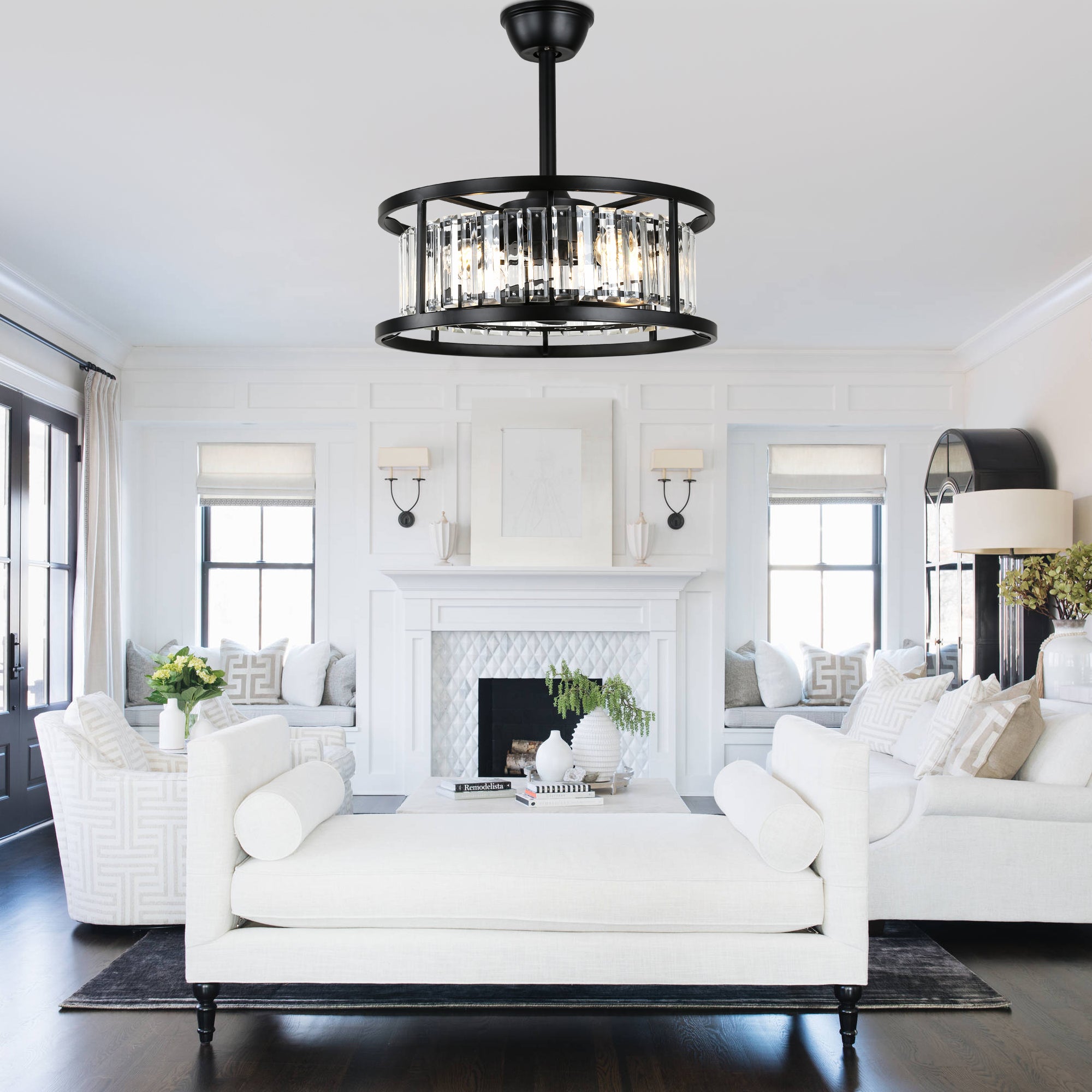 20 Inch Modern Glam Crystal Drum Cage Ceiling Fan with Light and Remote, 6-Speed Reversible DC Motor Bladeless Ceiling Fan with Crystals