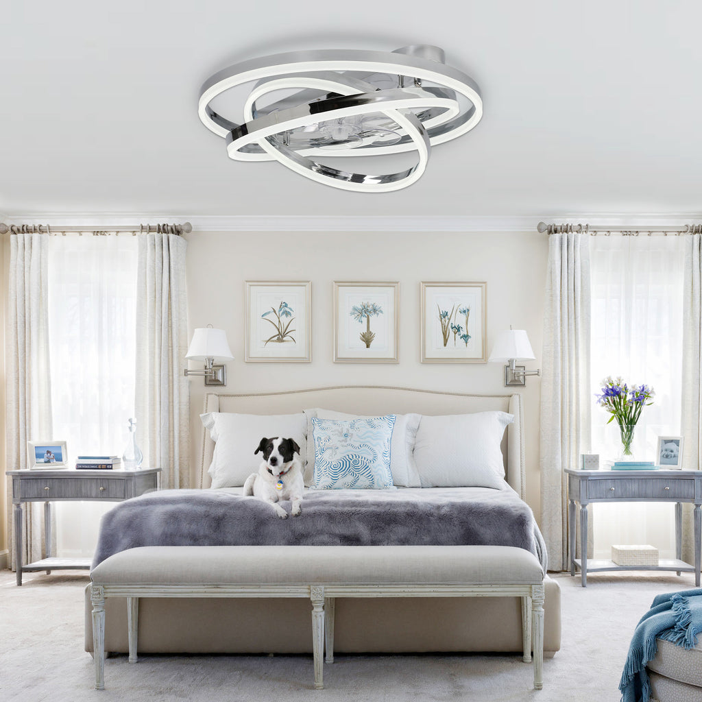 24 Inch Modern Smart Flush Mount LED Ceiling Fan with Light and Remote, 6 Speeds DC Motor Bladeless Low Profile Ceiling Fan