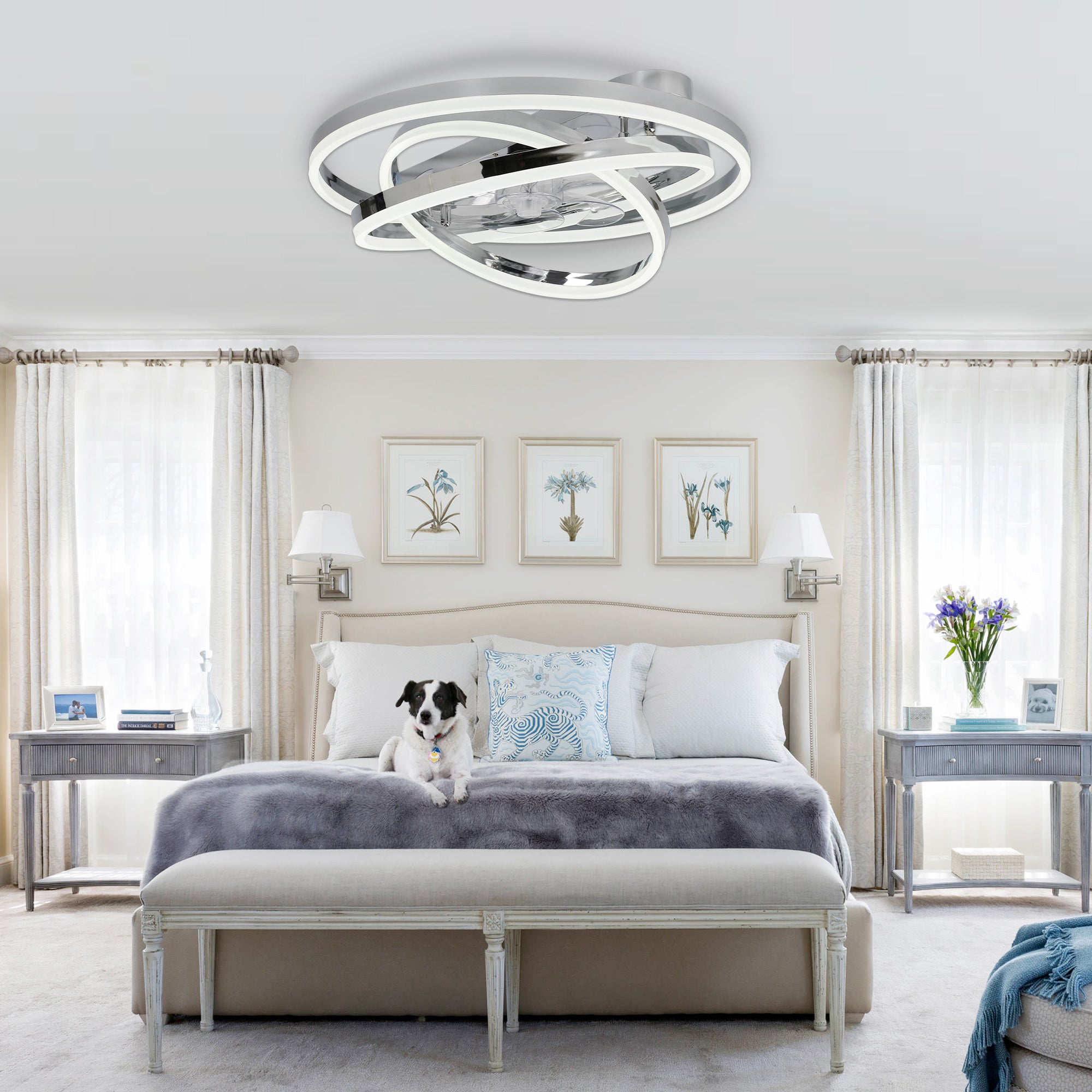 24 Inch Modern Smart Flush Mount LED Ceiling Fan with Light and Remote, 6 Speeds DC Motor Bladeless Low Profile Ceiling Fan