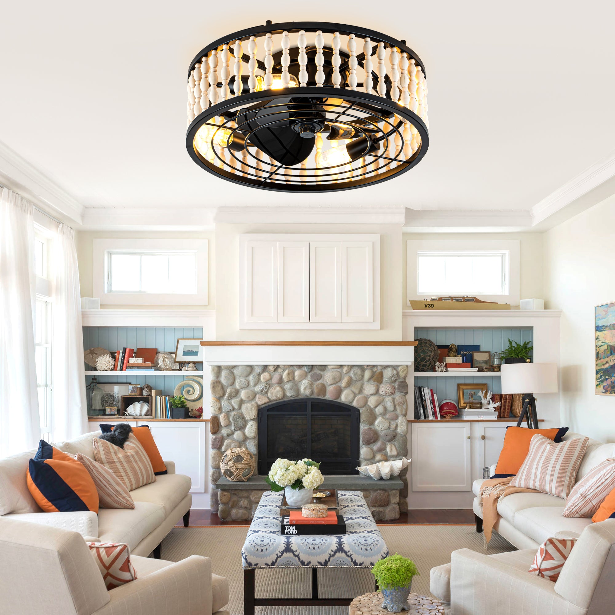 19 Inch Black Farmhouse Flush Mount Ceiling Fan with Lights and Remote Control, 6 Speeds DC Motor Bladeless Ceiling Fan for Bedroom