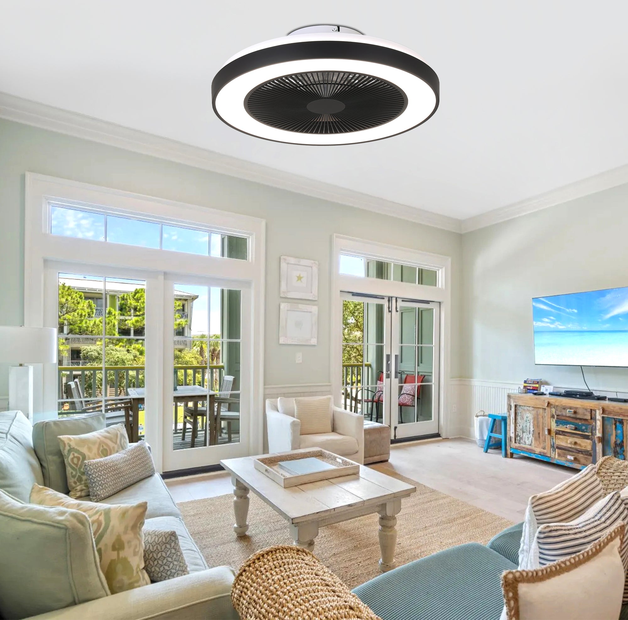 19 Inch Modern Smart Flush Mount Ceiling Fan with Dimmable LED Light and Remote, 6 Speeds DC Motor Bladeless Ceiling Fan for Low Profile with RGB Light