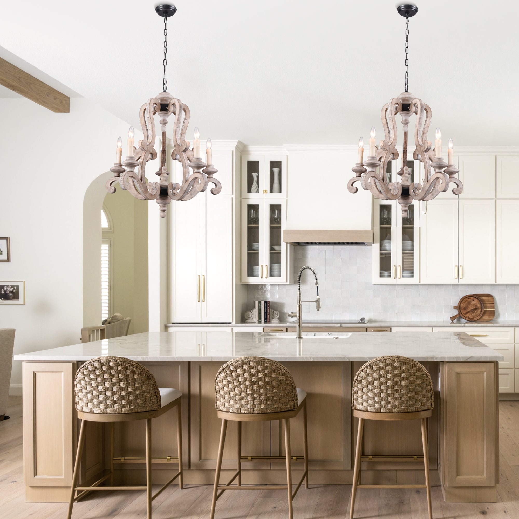 5 - Light Distressed Wood French Country Vintage Chandelier with Adjustable Height,  25" Farmhouse Chandelier for Dining Room