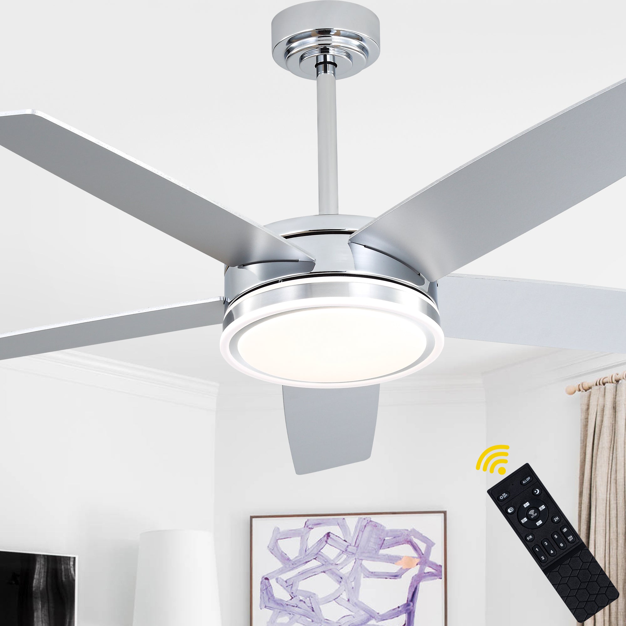 52 Inch Modern Black/Chrome Ceiling Fan with Dimmable LED Lights and Remote Control, 6 Speeds DC Motor Reversible Ceiling Fan for Large Room