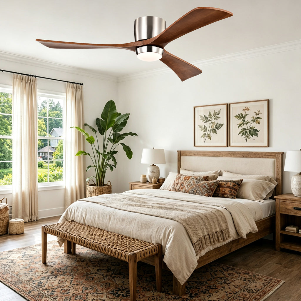 52 Inch Modern Farmhouse Stain Nickel Flush Mount Ceiling Fan with Lights & Remote Control, 6 Speed DC Motor Reversible Ceiling Fan