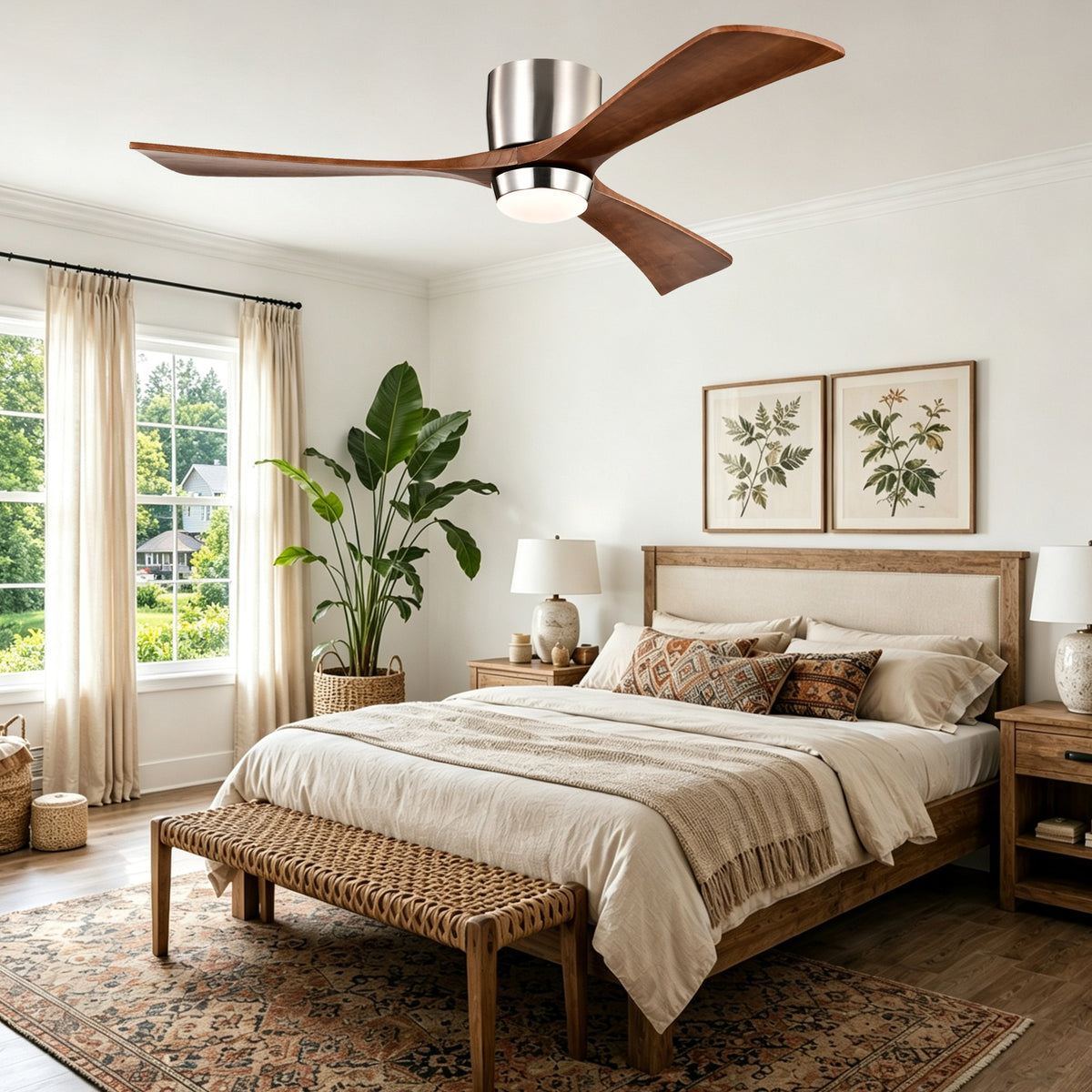 52 Inch Modern Farmhouse Stain Nickel Flush Mount Ceiling Fan with Lights & Remote Control, 6 Speed DC Motor Reversible Ceiling Fan