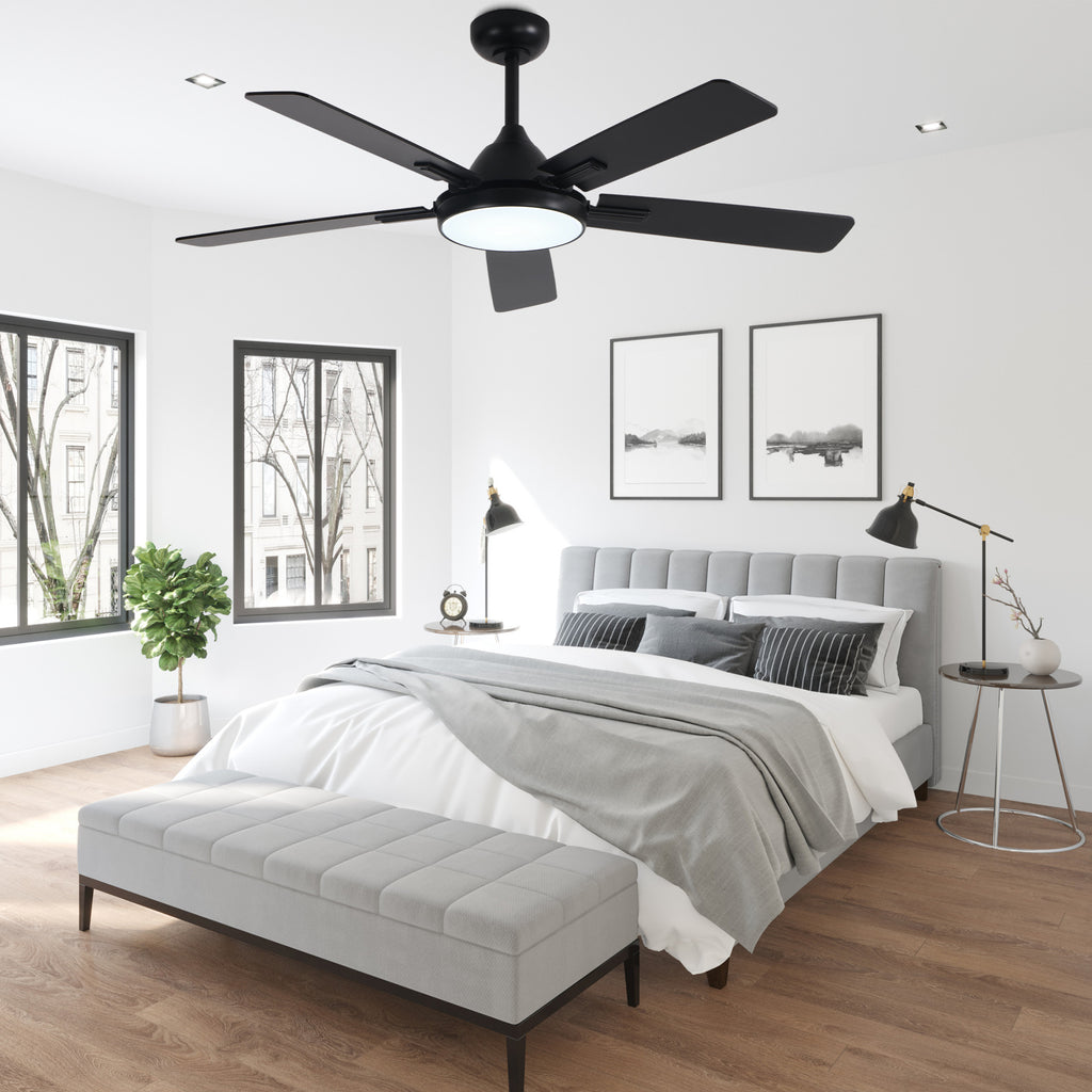 52 Inch Black Modern Ceiling Fan with LED Light, 6-Speed Reversible DC Motor, 5 Dual-Finish Wood Blades, Remote Control, Adjustable Height