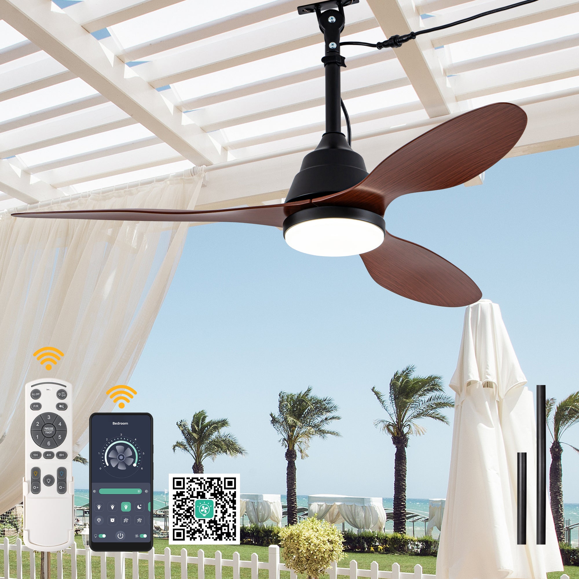 42 Inch Modern Farmhouse Smart Outdoor Ceiling Fan with Dimmable LED and Remote, 6-Speed 3-Blade Waterproof Ceiling Fans Plug In Outside Patio Fan