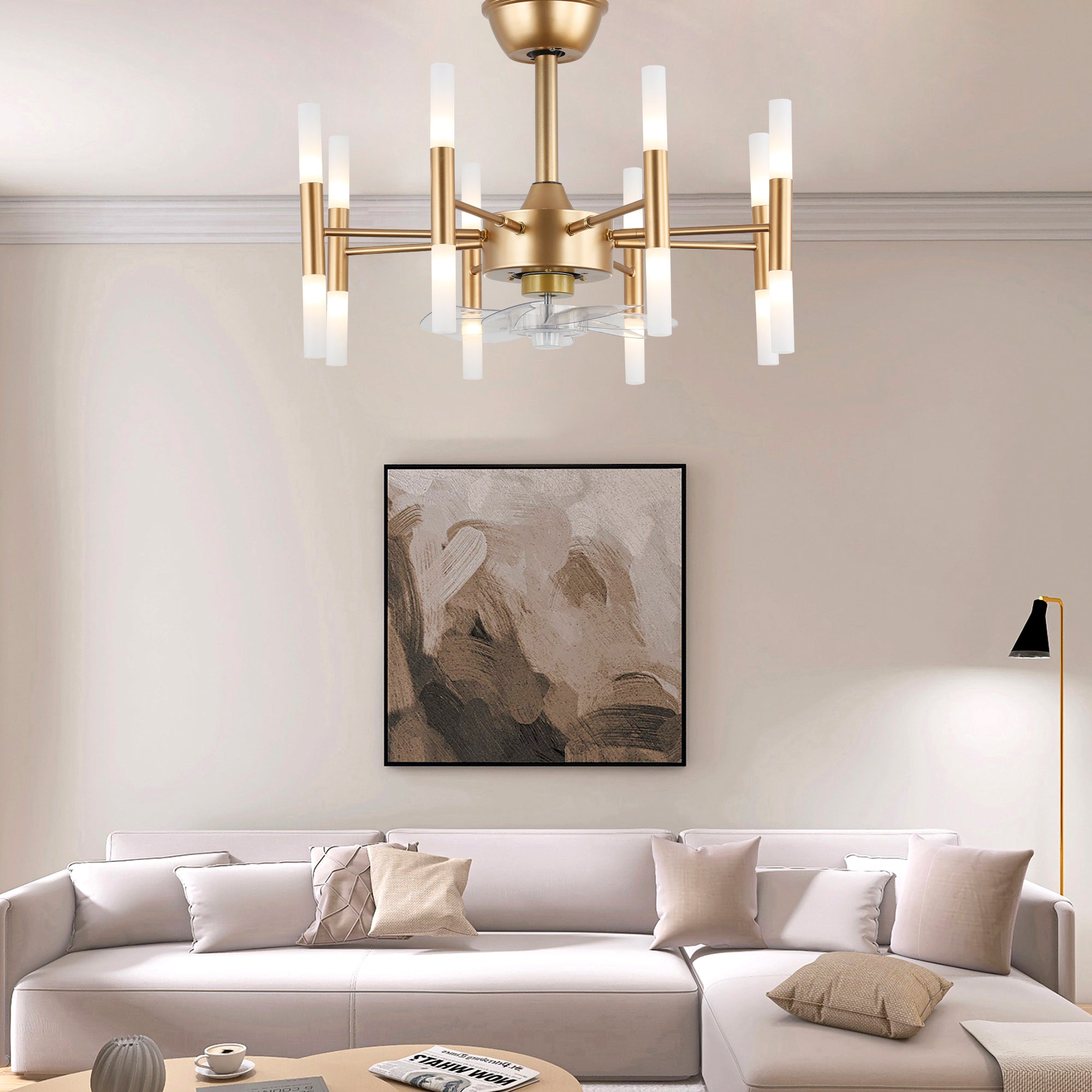 23 Inch Gold Modern Bladeless Ceiling Fan with Dimmable Lights and Remote Control, 6 Speeds DC Motor Fandelier Ceiling Fan for Bedroom