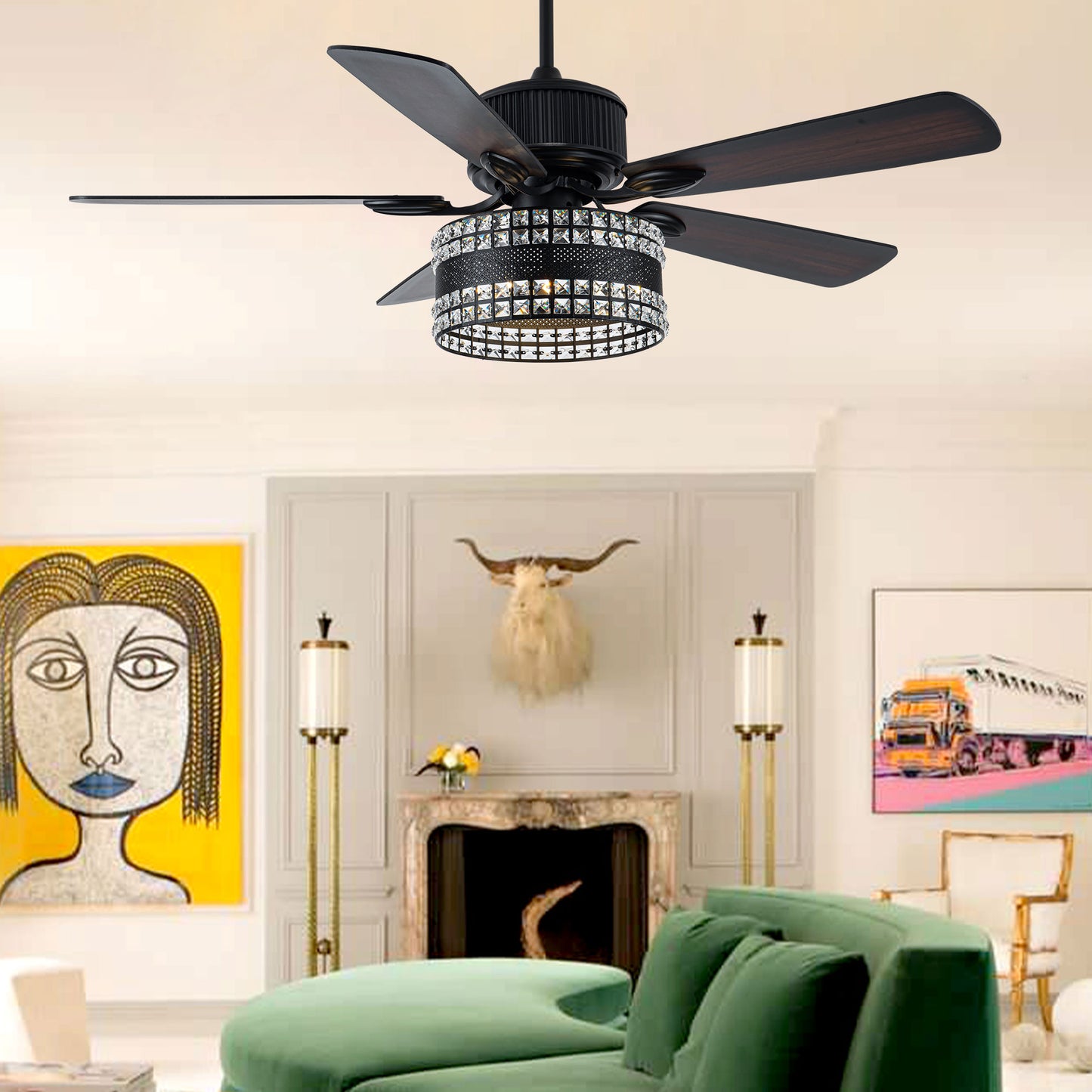 BD2069-52 Inch Large Size Black Color Caged Reversible Crystal Ceiling Fan with Remote and Lights