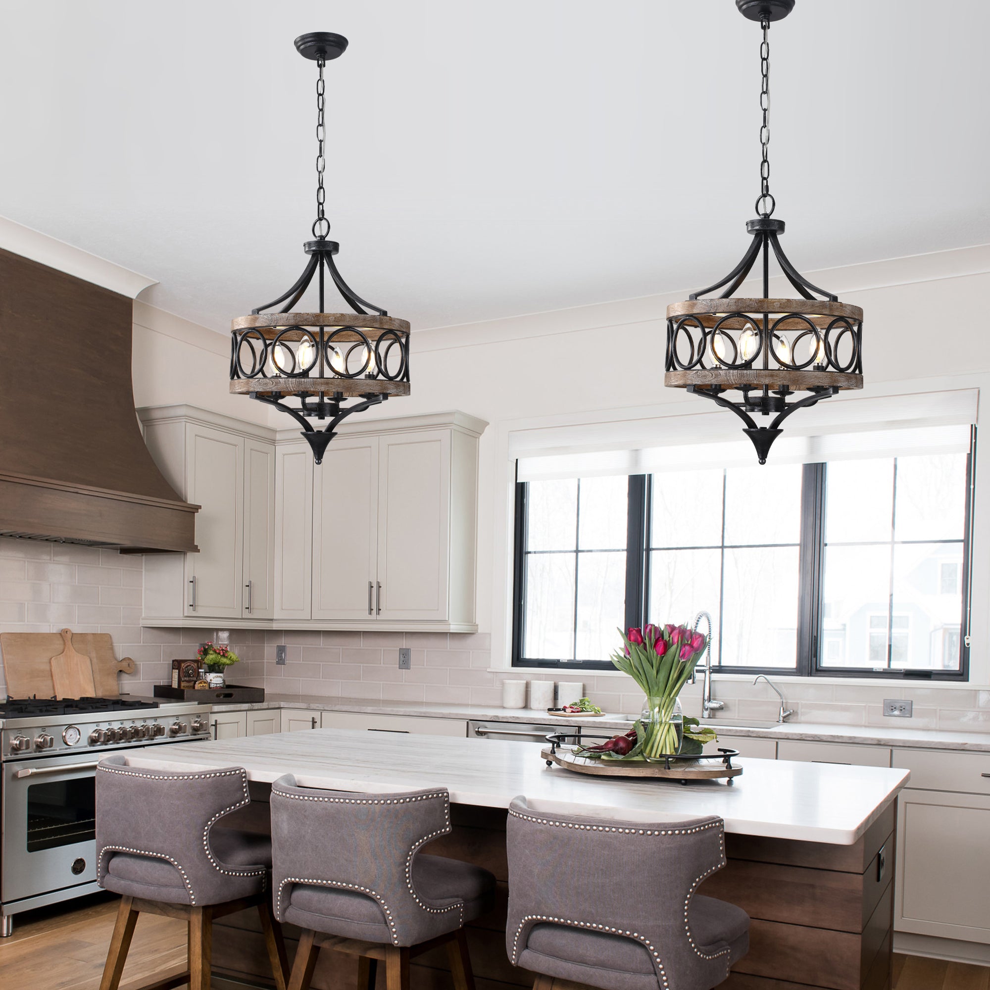 4 - Light Farmhouse Sol Wood Chandelier, 16" Rustic Geometric Chandelier Wood Cage Lantern Pendant Lights