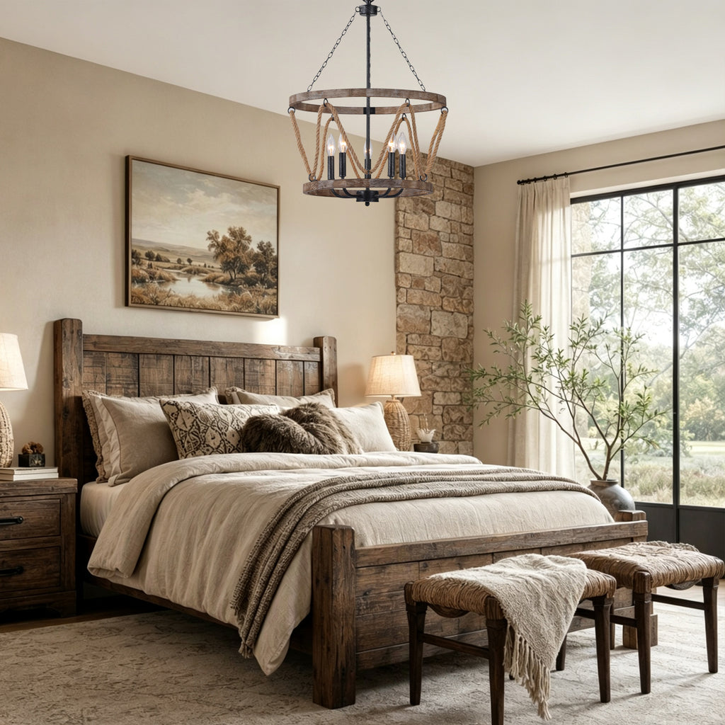 Farmhouse 20 Inch Hemp Rope Hanging Chain Chandelier Metal Wooden Hollow Out Caged Chandeliers Retro Versatile Adjustable Hanging Chain Chandelier Suit for Living Room, Kitchen, Bedroom
