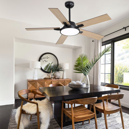 HWJ5220/5221/5222-52" 5 Wooden Blades Industrial Caged Reversible Ceiling Fan with Remote and LED Lights, Large Size 6-speed Ceiling Fan