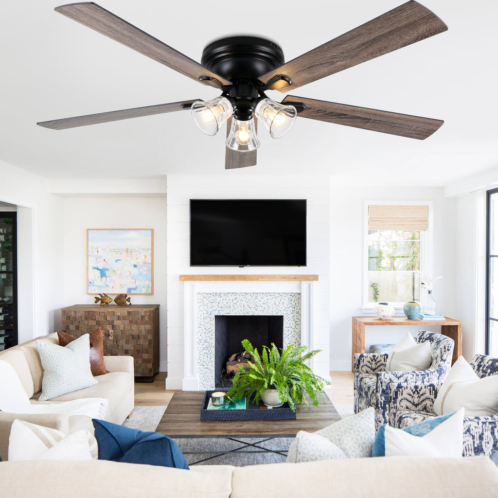52/60 Inch Black Farmhouse Flush Mount Ceiling Fan with Lights and Remote Control, 6 Speeds DC Motor Low Profile Ceiling Fan with Glass Shade