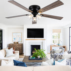 52/60 Inch Black Farmhouse Flush Mount Ceiling Fan with Lights and Remote Control, 6 Speeds DC Motor Low Profile Ceiling Fan with Glass Shade