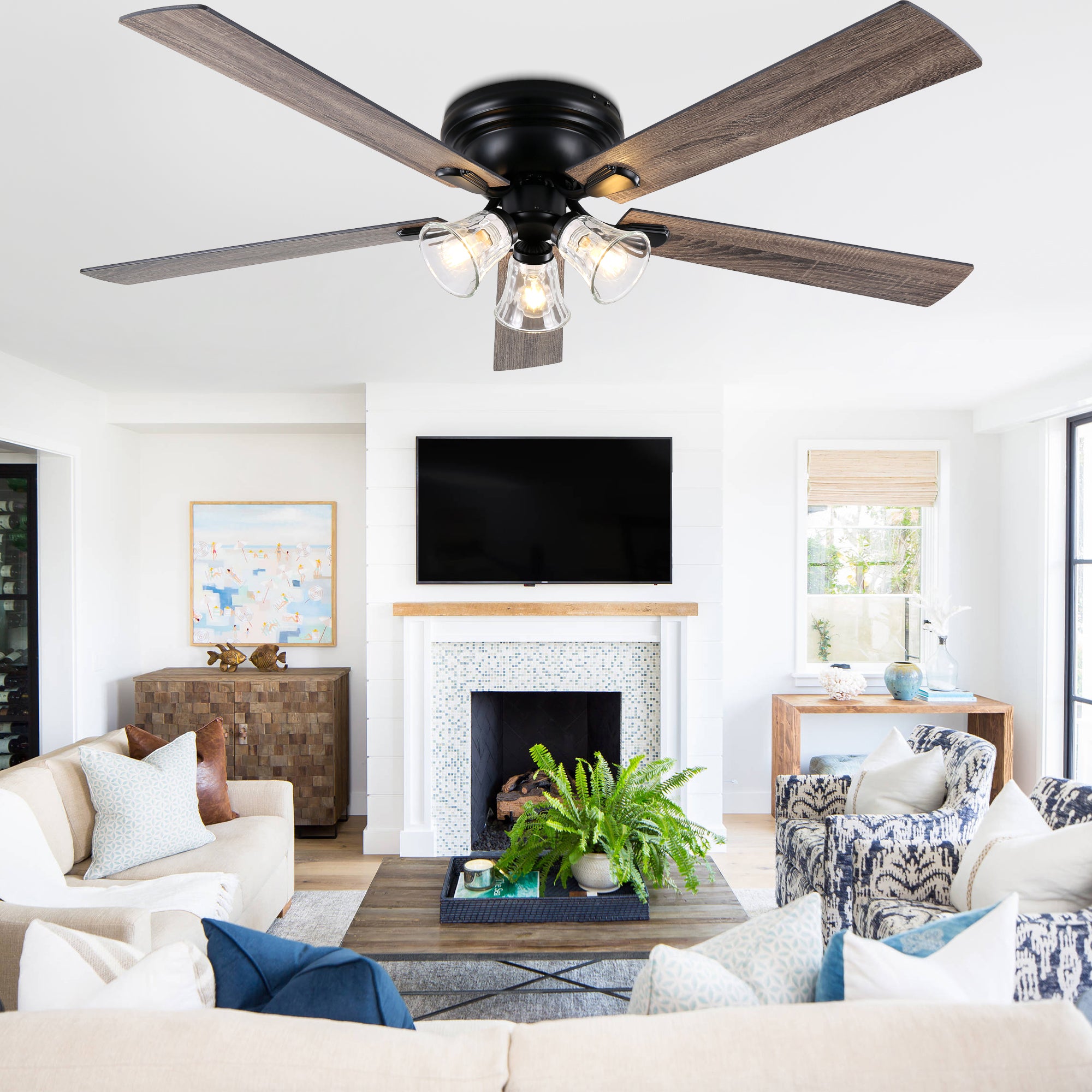 52/60 Inch Black Farmhouse Flush Mount Ceiling Fan with Lights and Remote Control, 6 Speeds DC Motor Low Profile Ceiling Fan with Glass Shade