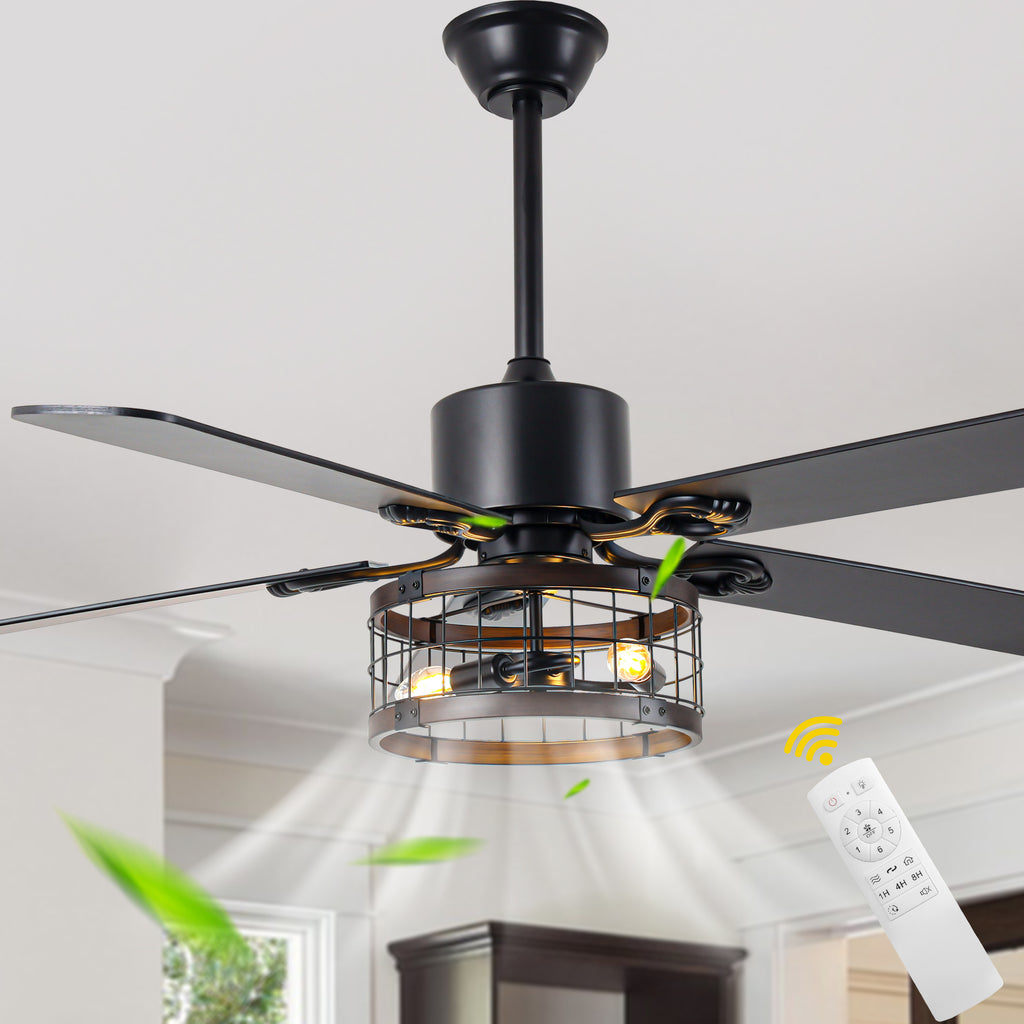 52 Inch Industrial Farmhouse Ceiling Fan with Lights and Remote Control, 6 Speeds Reversible Caged Ceiling Fan for Living Room