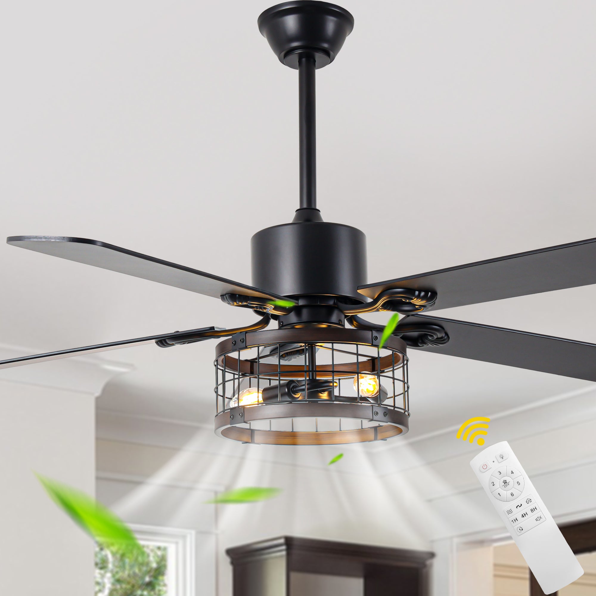 DC5220-BellaDepot 52" Farmhouse Brown Caged Ceiling Fan with Remote Control, 5 Blades Standard Ceiling Fan with Lights