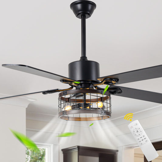 BellaDepot 52" Farmhouse Brown Caged Ceiling Fan with Remote Control, 5 Blades Standard Ceiling Fan with Lights - DC5220