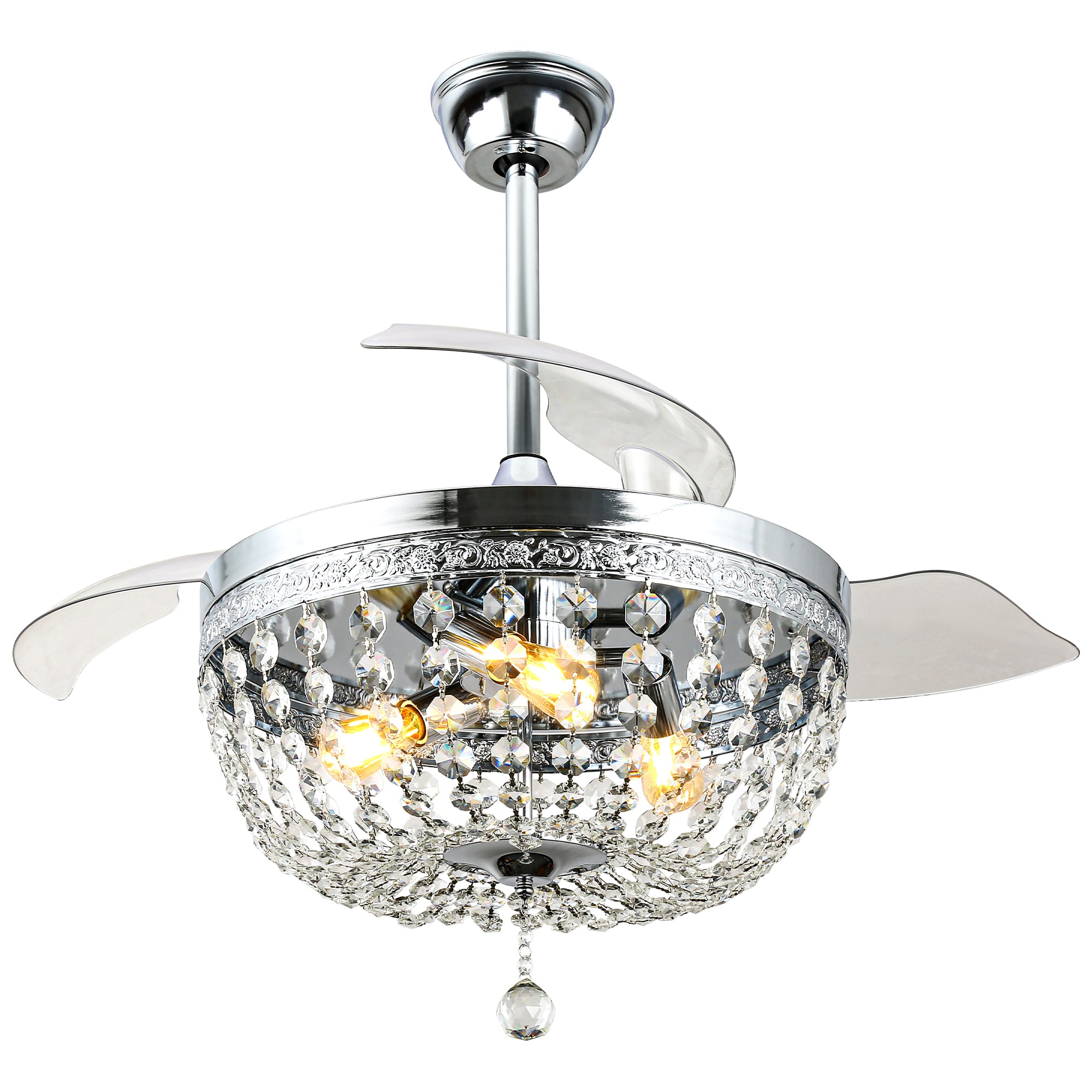 42 Inch Chrome Modern Glam Crystal Retractable Ceiling Fan with Lights and Remote Control, 6 Speeds DC Motor Fandelier Ceiling Fan