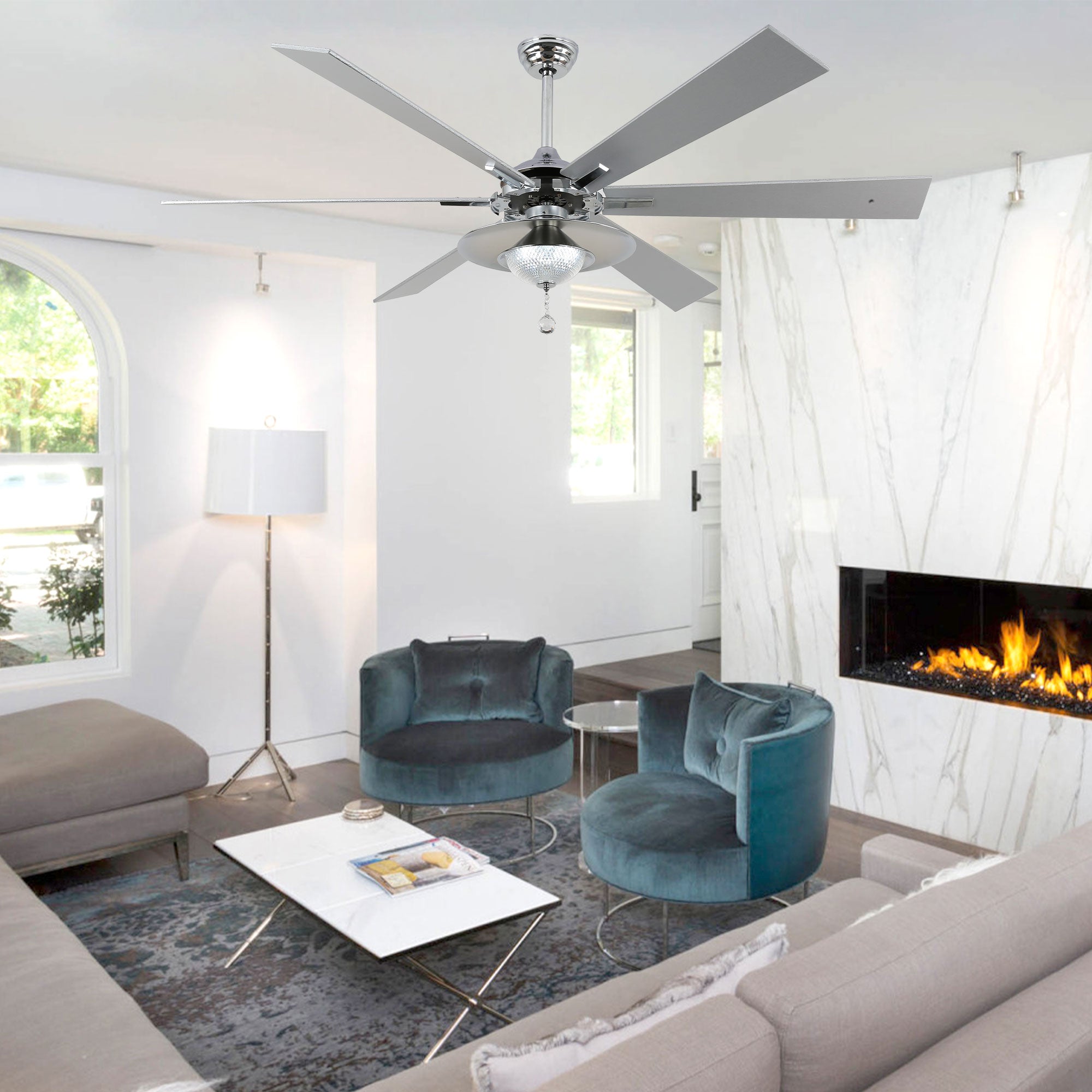 DC7204-BellaDepot 72" Silver/Black Finish Modern Urban Crystal Reversible Ceiling Fan with Remote and LED Light Kit, Large Size Ceiling Fan