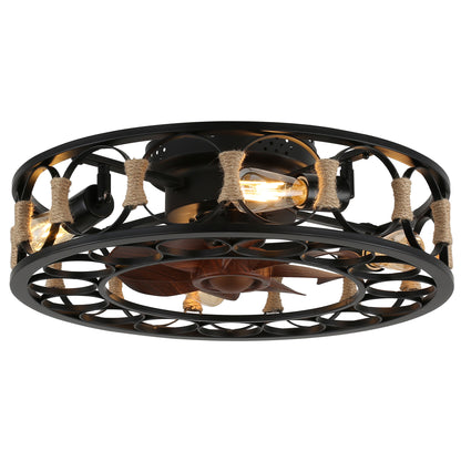 DC2026OA-19.7" Low Profile Flush Mounted Hemp Rope Caged Ceiling Fan with Remote and Lights DC Motor 6 Speeds