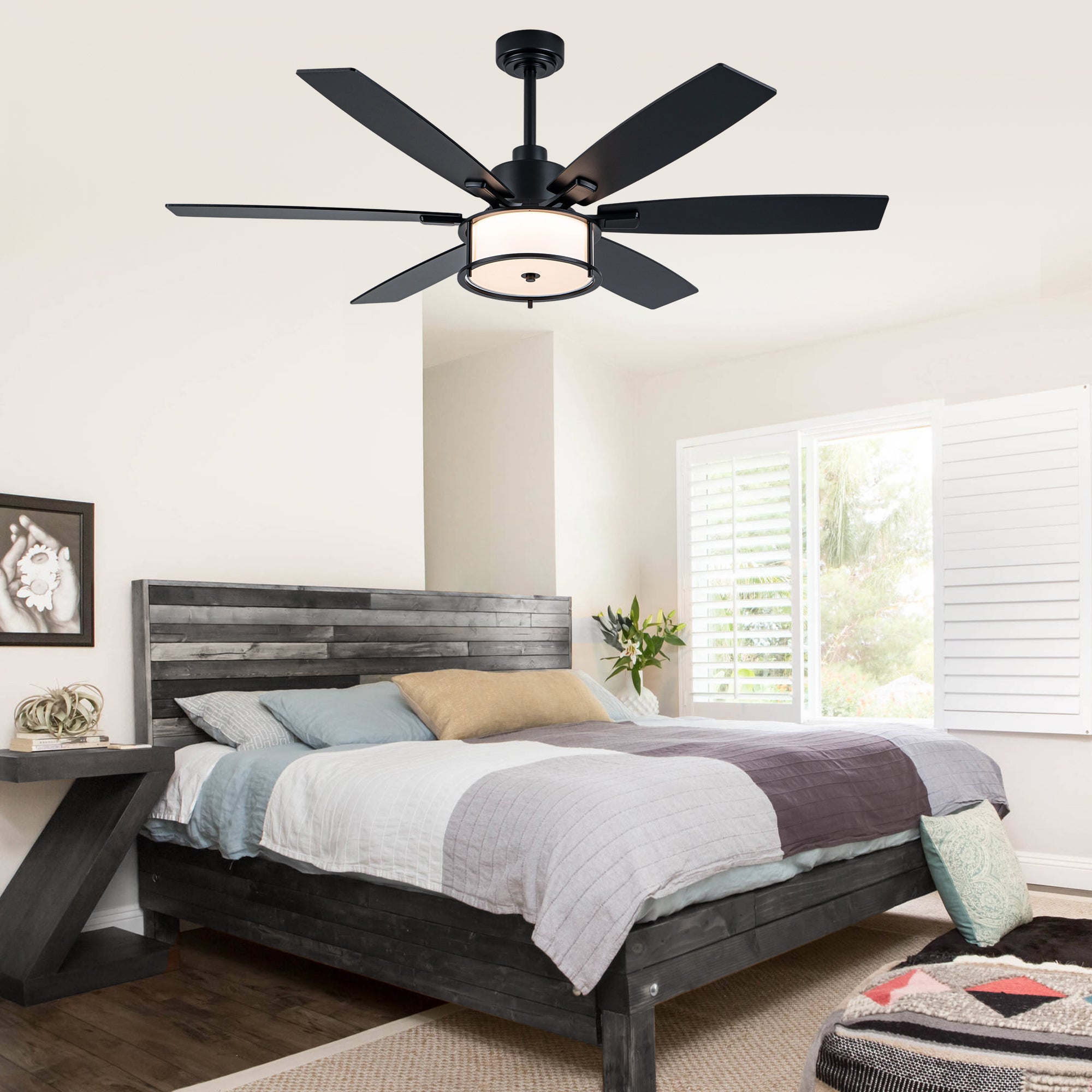 60 Inch Black Farmhouse Large Ceiling Fan with Dimmable 3CCT LED Light and Remote, 6 Speeds DC Motor Reversible Ceiling Fan for Large Rooms