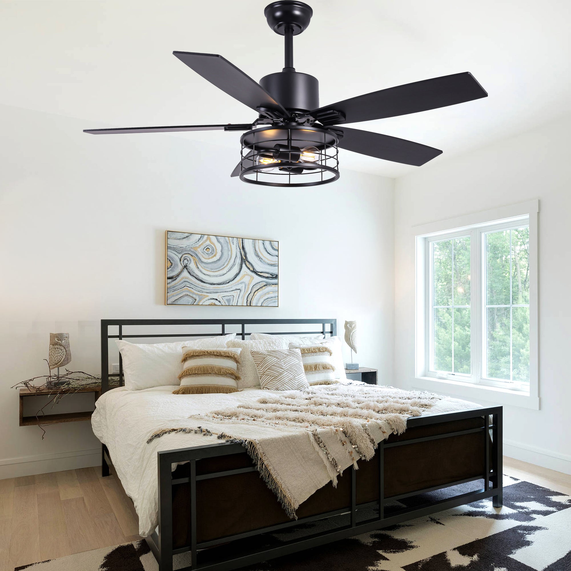 46 Inch 5-Blade Black Industrial Ceiling Fan with Lights and Remote Control, 6 Speeds DC Motor Caged Ceiling Fan for Living Room