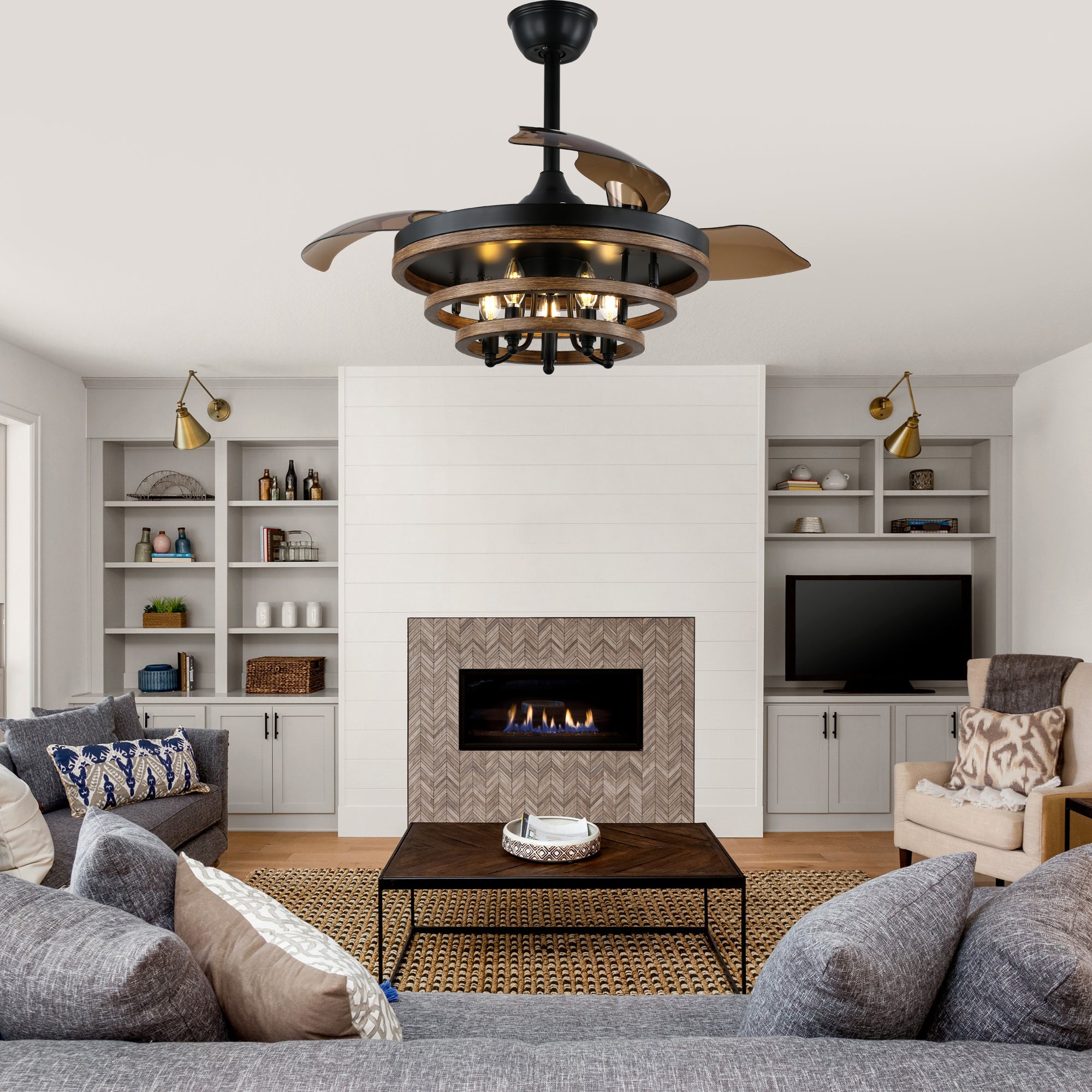 DC4266-BellaDepot 42" Farmhouse Industrial Brown Retractable Ceiling Fan with Remote Control, Invisible Blades Ceiling Fan with Lights