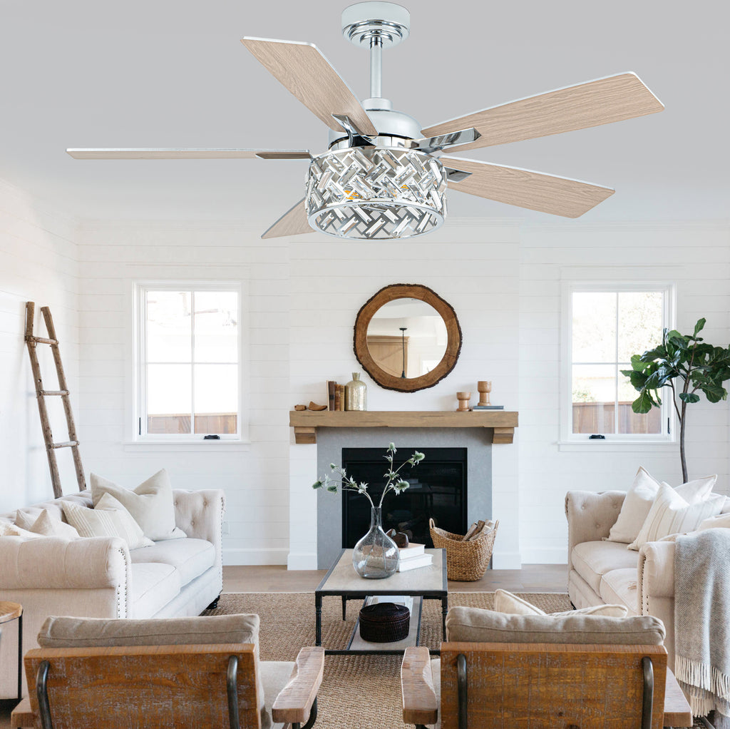 52 Inch Chrome Modern Luxury Crystal Ceiling Fan with Lights and Remote Control, 6 Speeds DC Motor Ceiling Fan