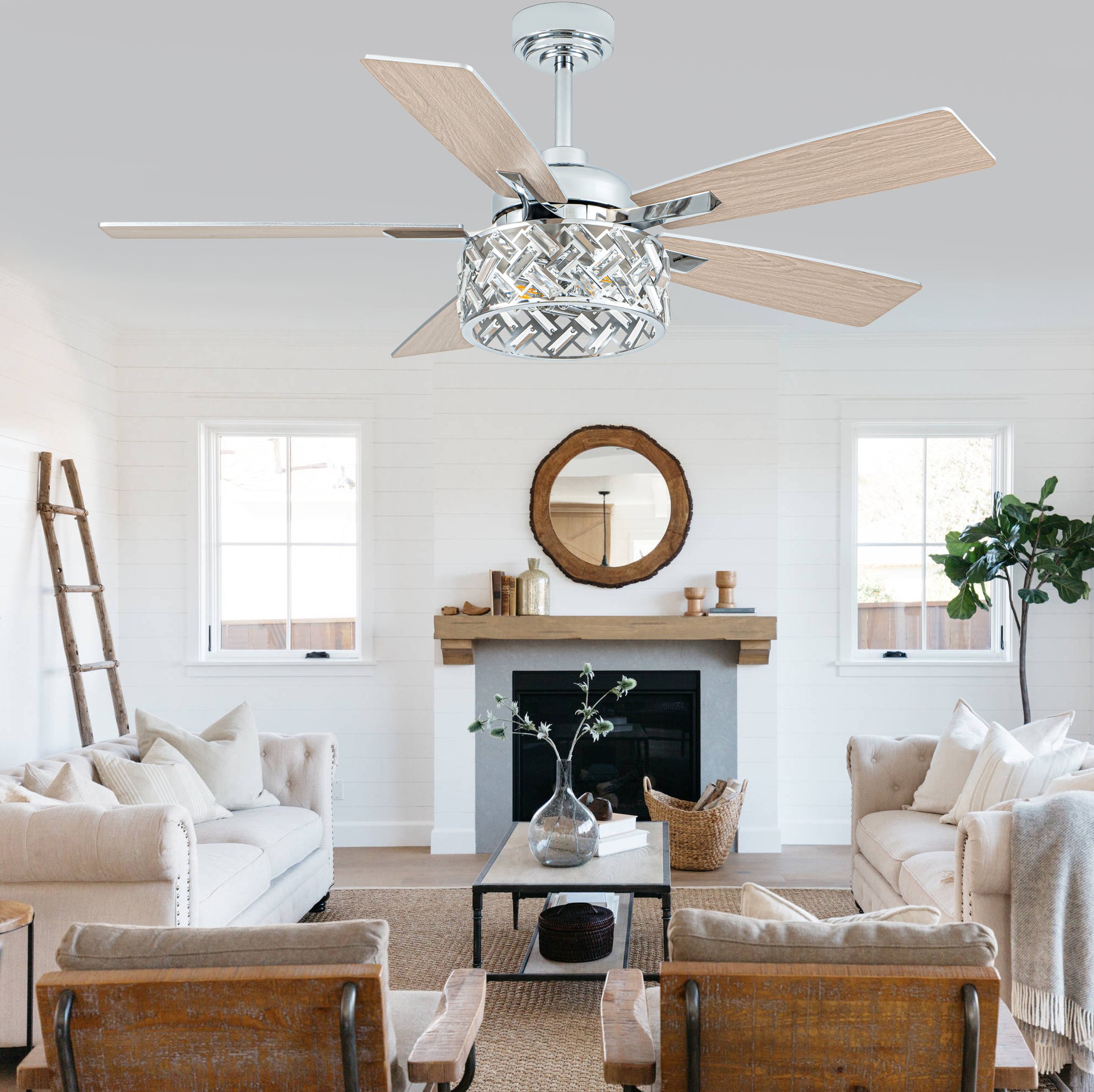 52 Inch Chrome Modern Luxury Crystal Ceiling Fan with Lights and Remote Control, 6 Speeds DC Motor Ceiling Fan