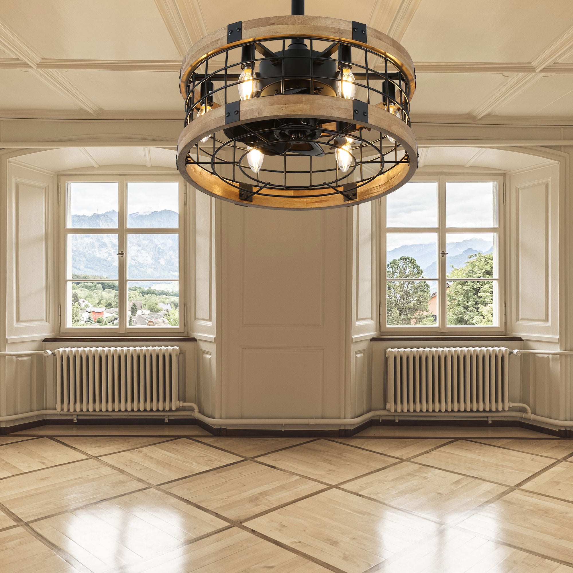 BD1812-BellaDepot 17.7" Cottage Metal Caged Reversible Ceiling Fan with Remote and 6 Lights, Wooden Ceiling Fan