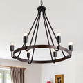 6 - Light Black Farmhouse Small Wagon Wheel Chandelier, 28" Round Chandelier Foyer Chandeliers with Height Adjustable