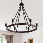 6 - Light Black Farmhouse Small Wagon Wheel Chandelier, 28" Round Chandelier Foyer Chandeliers with Height Adjustable
