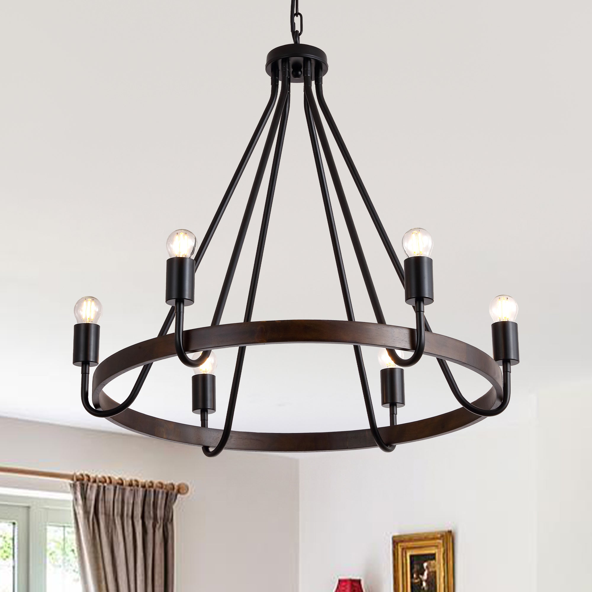 6 - Light Black Farmhouse Small Wagon Wheel Chandelier, 28" Round Chandelier Foyer Chandeliers with Height Adjustable