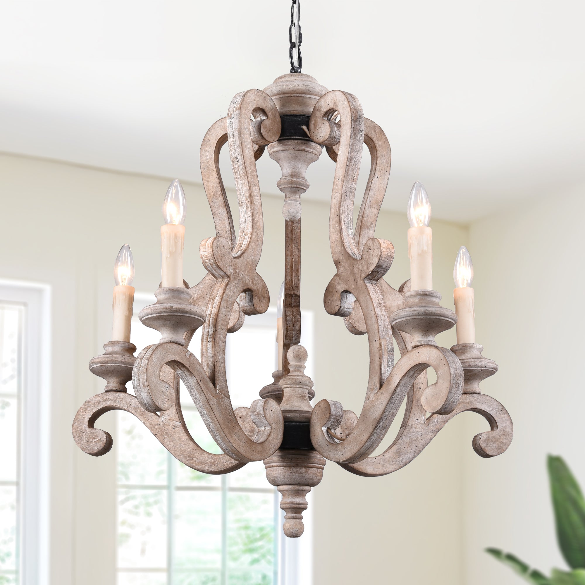 5 - Light Distressed Wood French Country Vintage Chandelier with Adjustable Height,  25" Farmhouse Chandelier for Dining Room