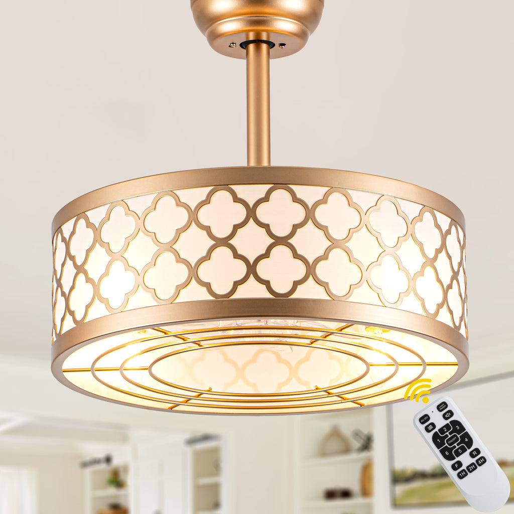 18 Inch Gold Drum Caged Ceiling Fan with Lights and Remote, 6 Speeds DC Motor Reversible Bladeless Fandelier Ceiling Fan