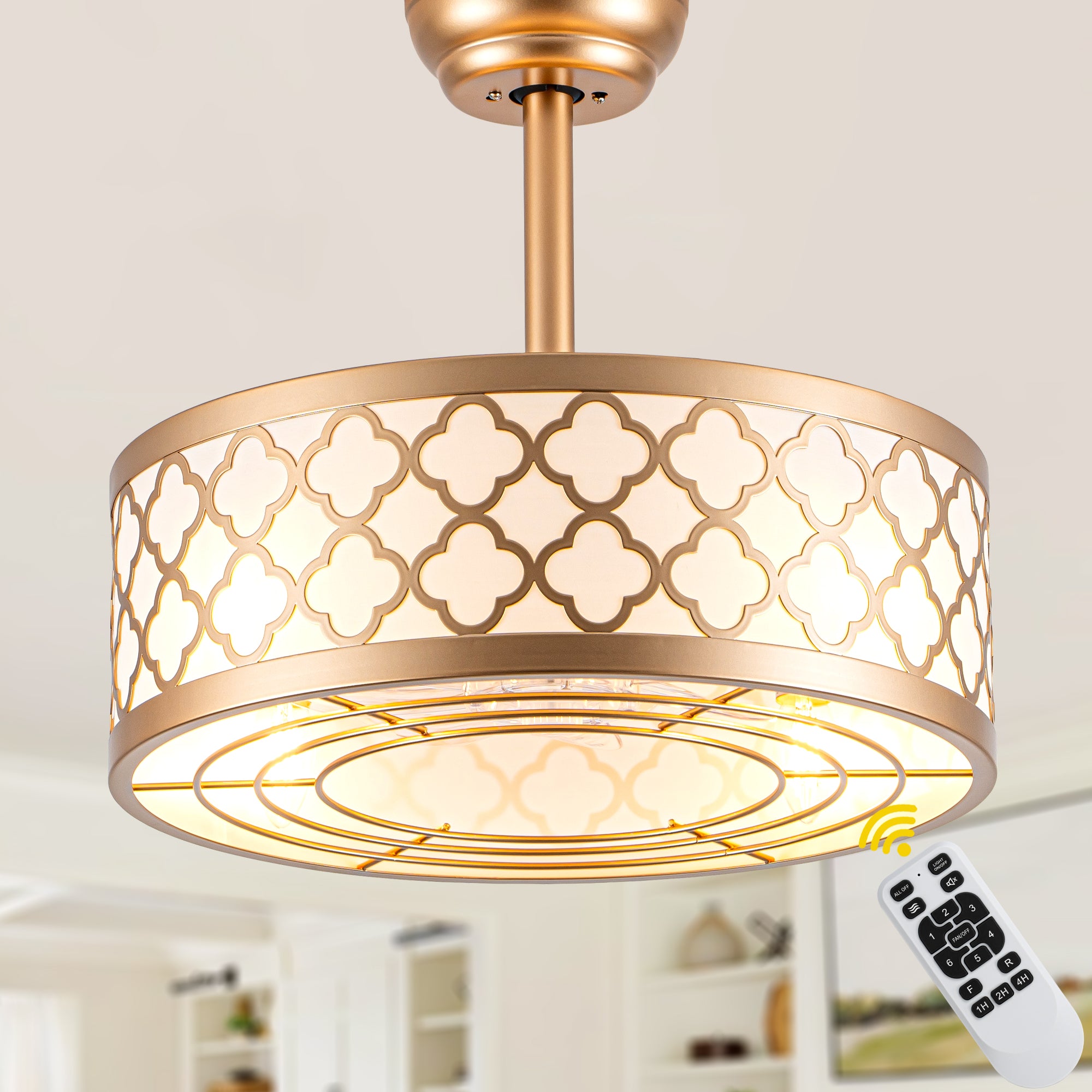 18 Inch Gold Drum Caged Ceiling Fan with Lights and Remote, 6 Speeds DC Motor Reversible Bladeless Fandelier Ceiling Fan