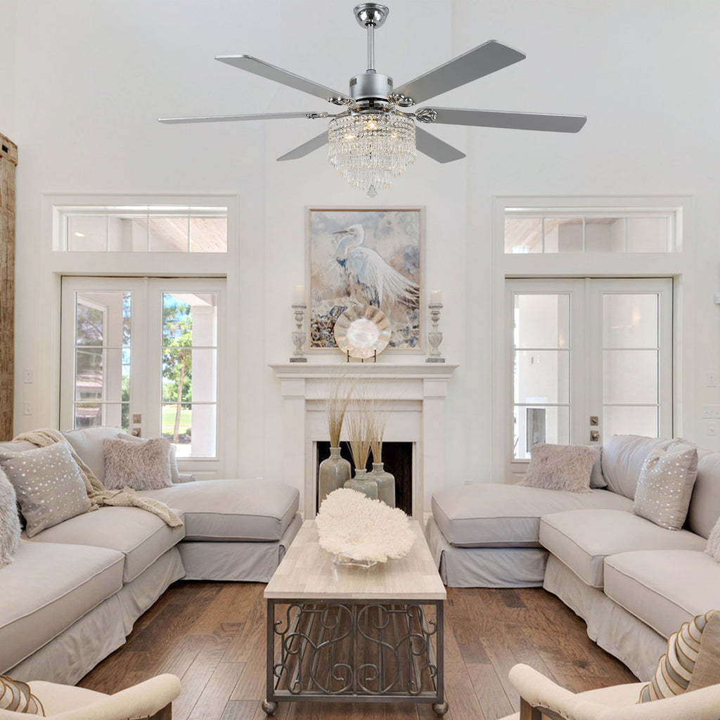 DC6502-BellaDepot 65" Black/Silver Finish Metal Crystal Wooden Reversible Ceiling Fan with Remote and 3 Lights, Large Size Ceiling Fan