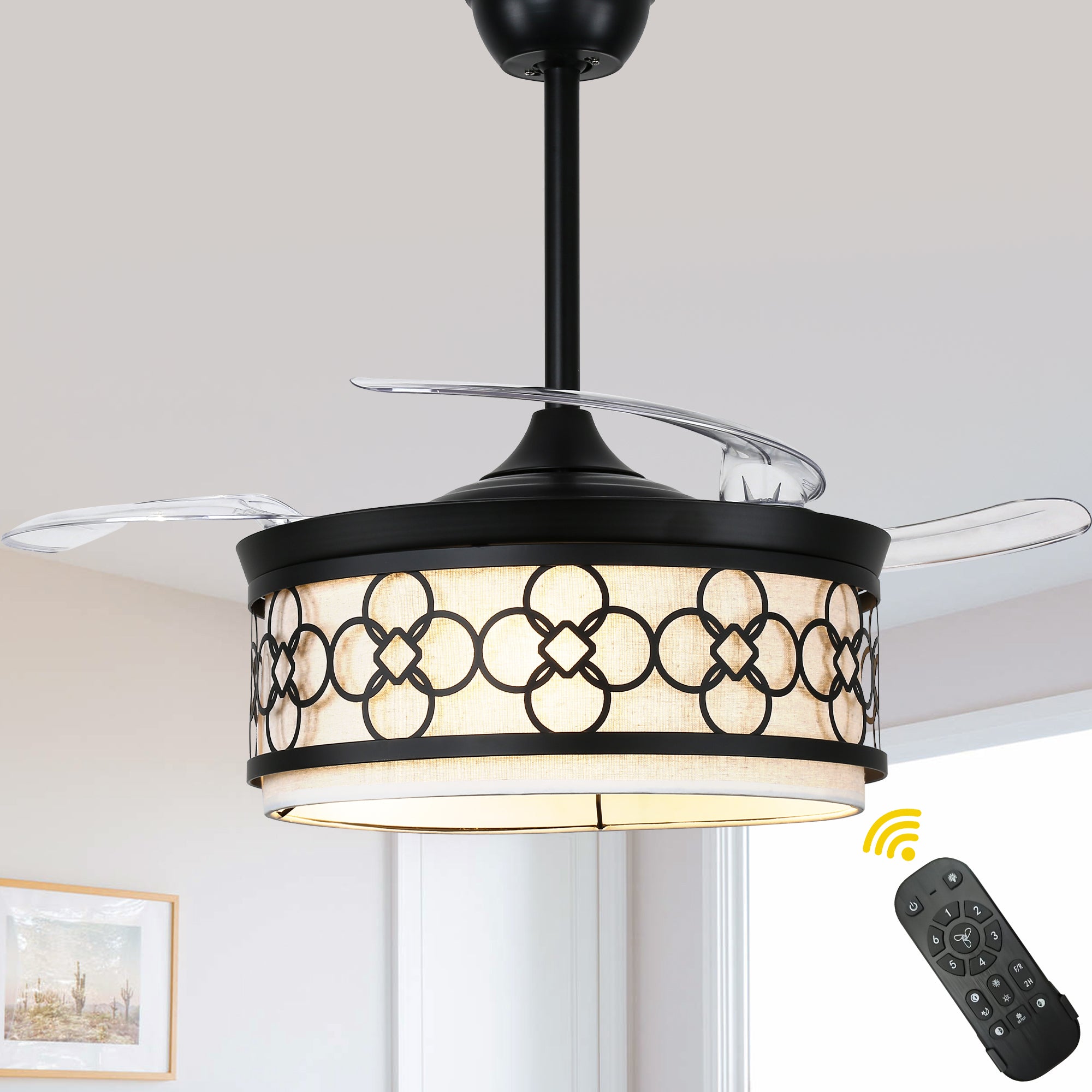 42 Inch Black Retractable Ceiling Fan with Lights and Remote, 6 Speeds DC Motor Farmhouse Black Bladeless Ceiling Fan for Bedroom