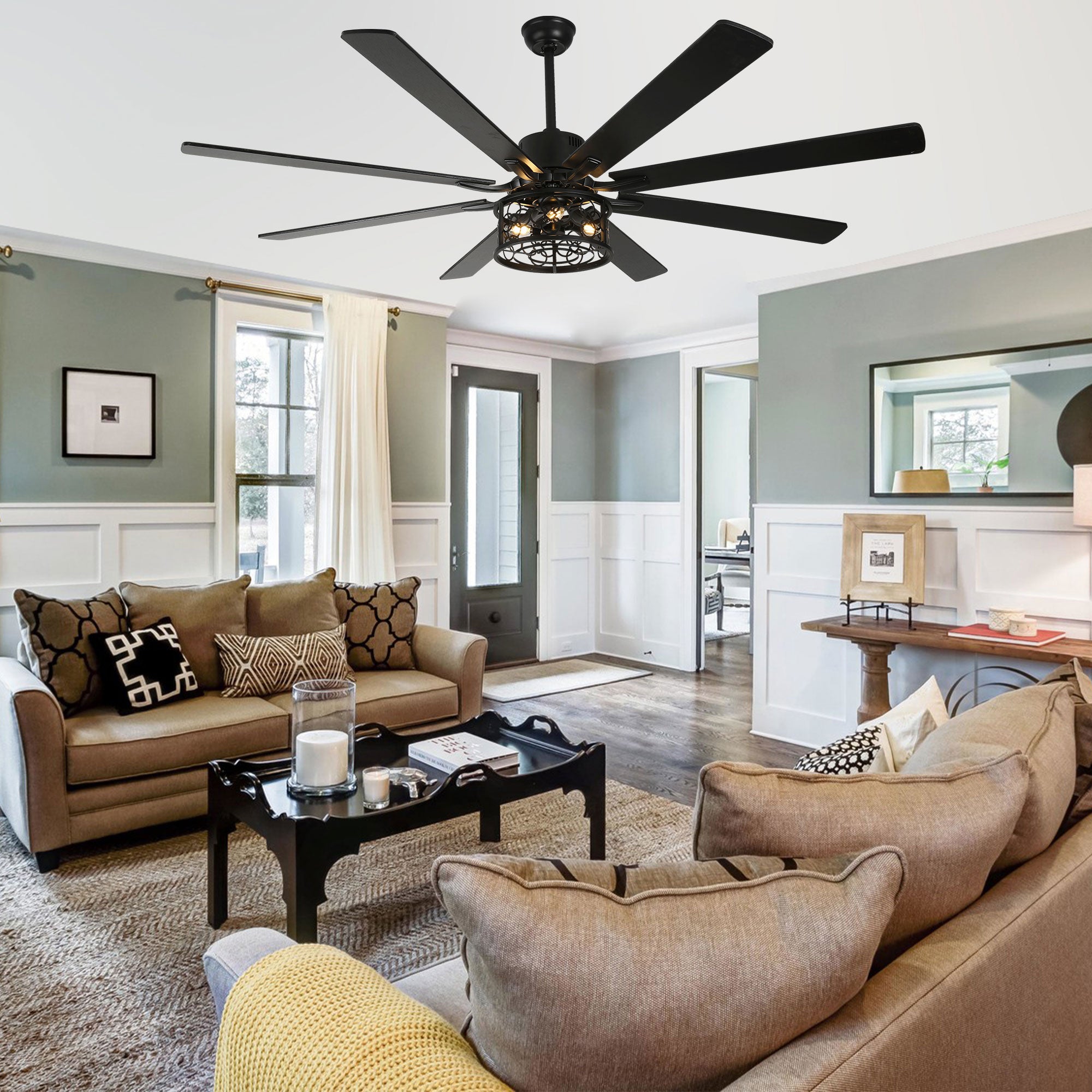 DC7201-72" 8 Wooden Blades White/Black Farmhouse Reversible Ceiling Fan with Remote and 3 Lights, Large Size Ceiling Fan