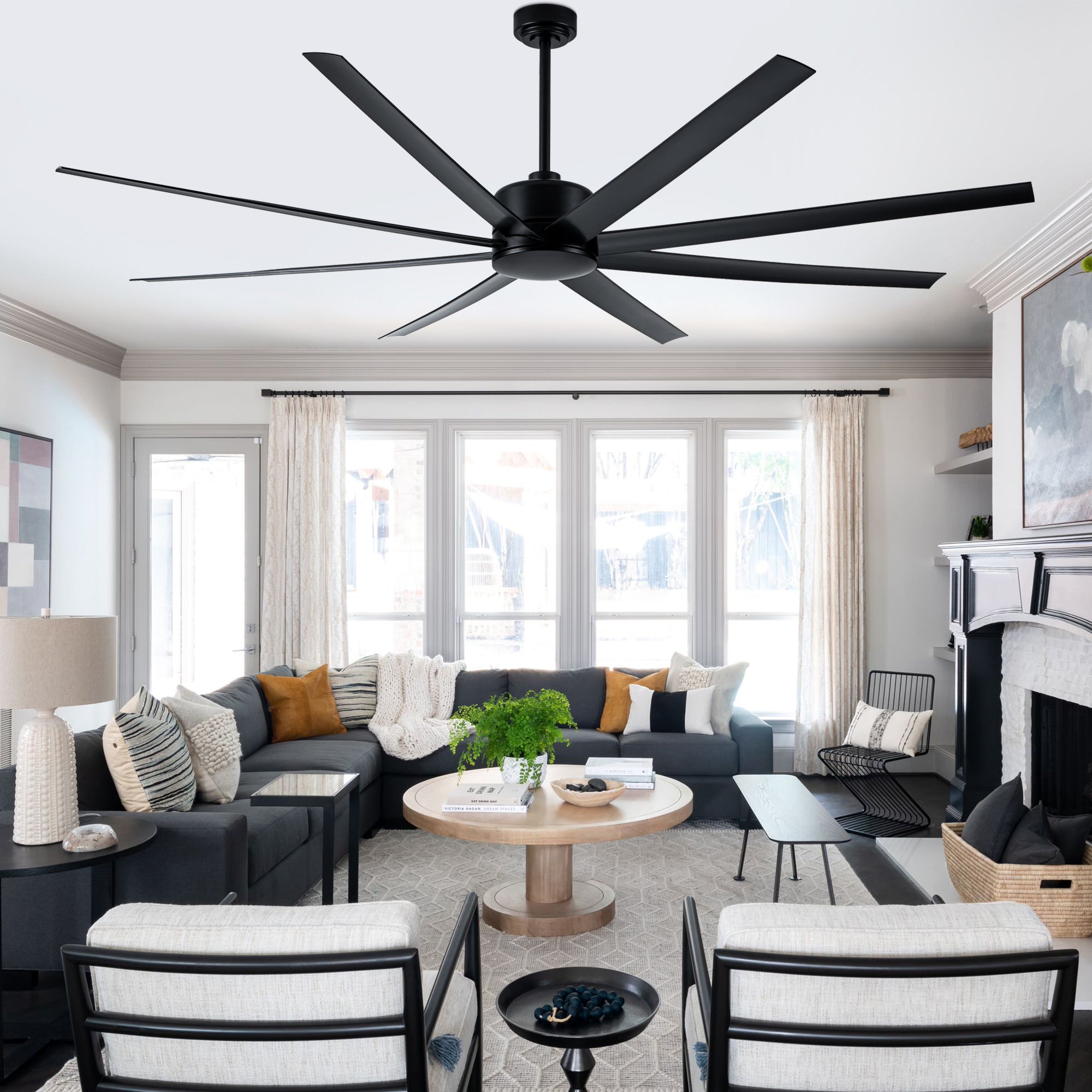 84 Inch Black Extra Large Ceiling Fan with Remote, 6 Speeds DC Motor Reversible Industrial Ceiling Fan for Large Room