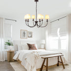 6-Light Black Farmhouse Chandelier with Fabric Shades, 30 Inch Classic Dining Room Light Fixture, Adjustable Pendant Lighting for Kitchen Island
