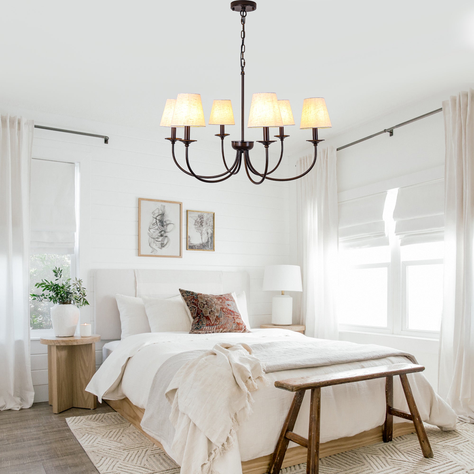 6-Light Black Farmhouse Chandelier with Fabric Shades, 30 Inch Classic Dining Room Light Fixture, Adjustable Pendant Lighting for Kitchen Island