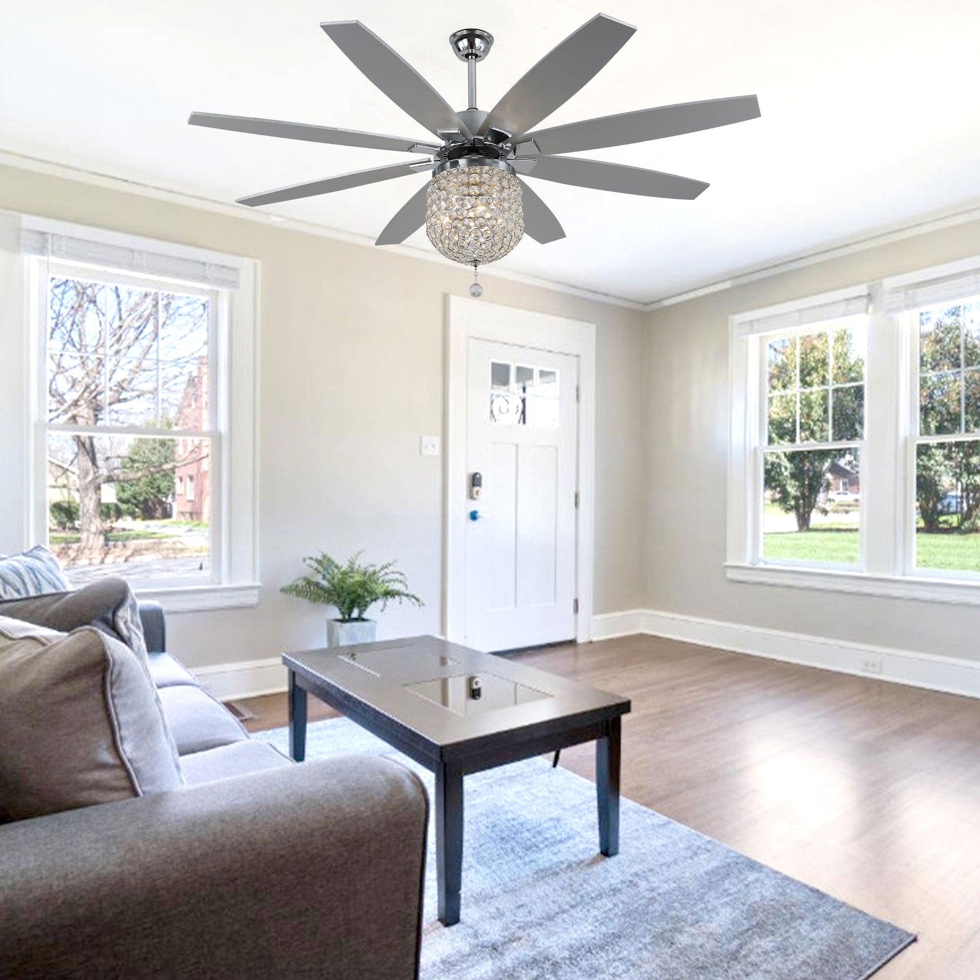 DC6504-BellaDepot 65" 8 Wooden Blades Silver Finish Crystal Reversible Ceiling Fan with Remote and 3 Lights, Large Size 6-speed Ceiling Fan