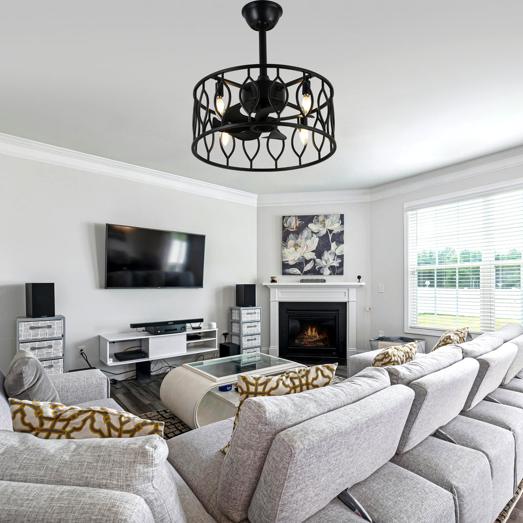 19 Inch Modern Black Caged Ceiling Fan with Lights and Remote Control, 6 Speeds DC Motor Fandelier Bladeless Ceiling Fan