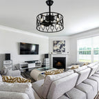 19 Inch Modern Black Caged Ceiling Fan with Lights and Remote Control, 6 Speeds DC Motor Fandelier Bladeless Ceiling Fan