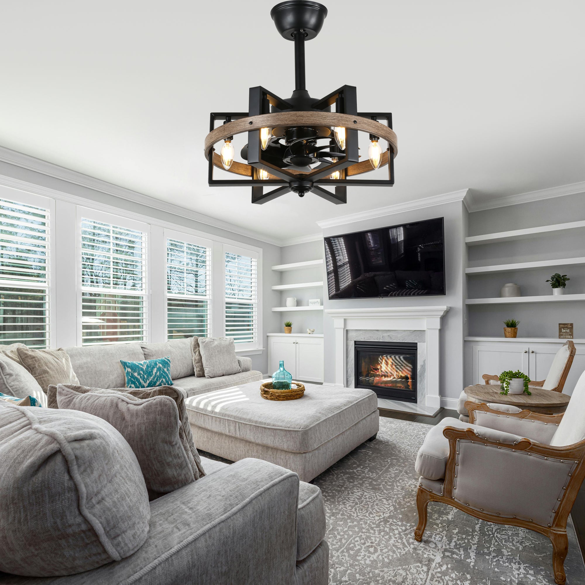 BD1811-BR-BellaDepot 18.5" Industrial Wood Grain Reversible Caged Ceiling Fan with Remote and 6 Lights