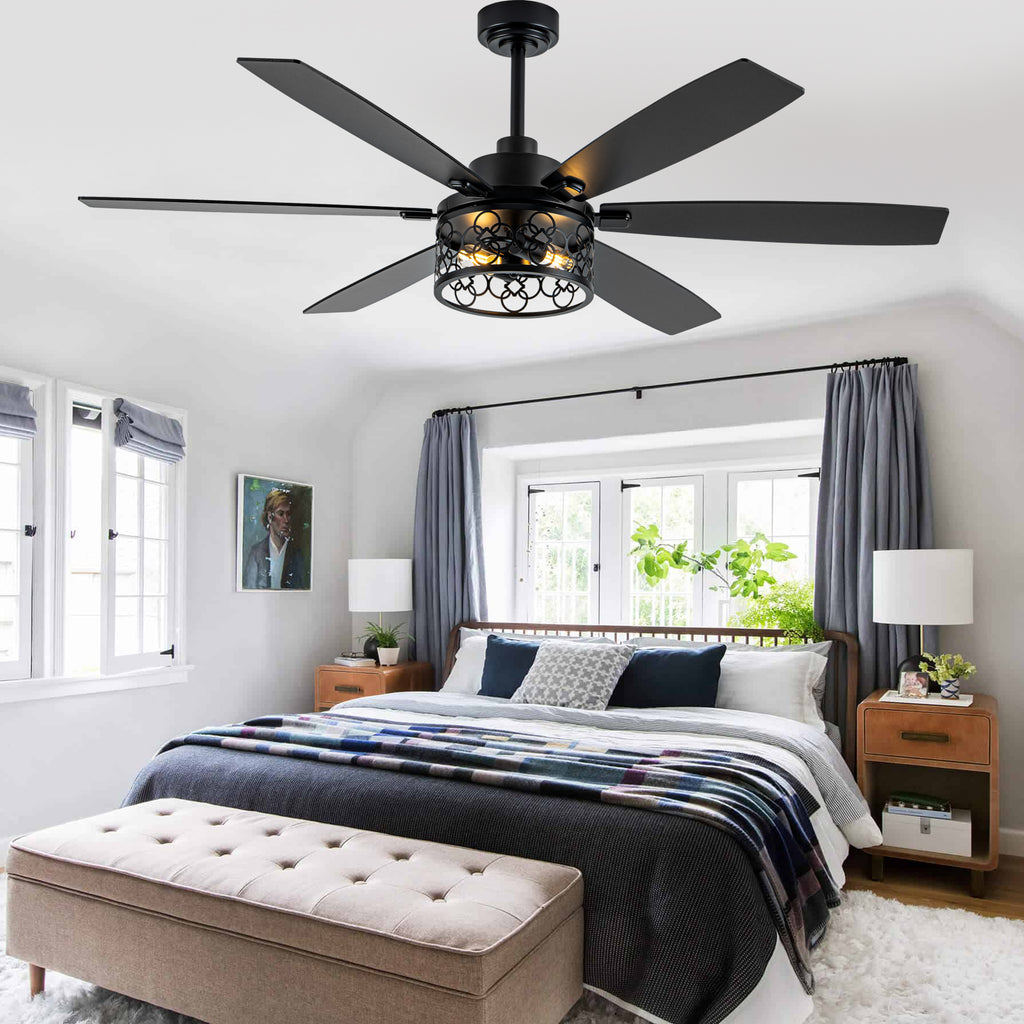 Modern 60 Inch Industrial Caged Ceiling Fan with Light Reversible Quiet DC Motor with 6 Speed Remote Control Ceiling Fan Adjustable Down Rodes Ceiling Fan with Light Suit for Bedroon,Living Room