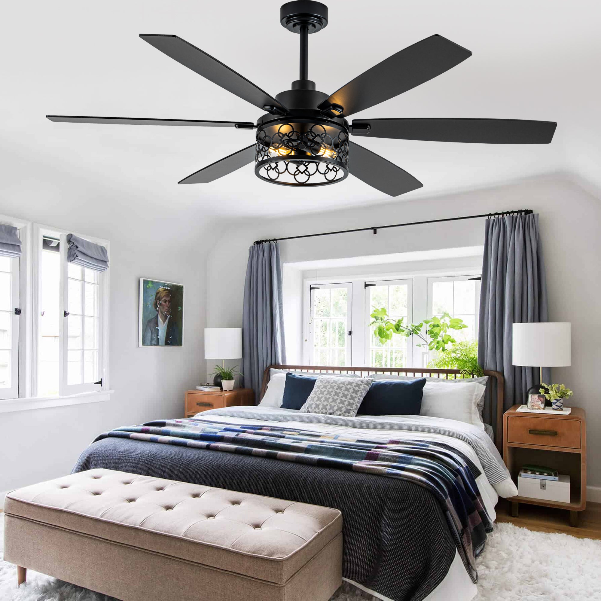 Modern 60 Inch Industrial Caged Ceiling Fan with Light Reversible Quiet DC Motor with 6 Speed Remote Control Ceiling Fan Adjustable Down Rodes Ceiling Fan with Light Suit for Bedroon,Living Room